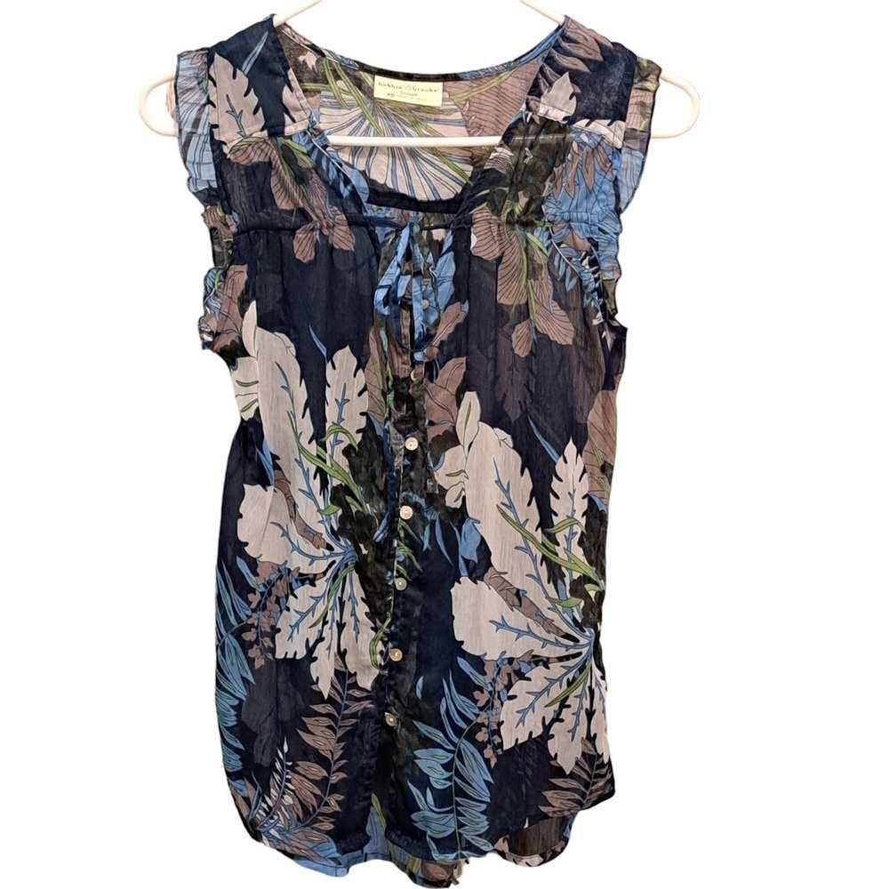 bobbie brooks ladies Blue Floral Sheer Sleeveless Blouse Size XS